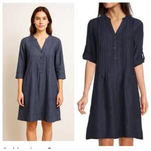 J.McLaughlin Dark Navy Blue Riviera 100% Linen Shirt Dress Sz Medium M